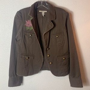 Vintage brown blazer with distressed hems embroidered flowers brassy buttons
